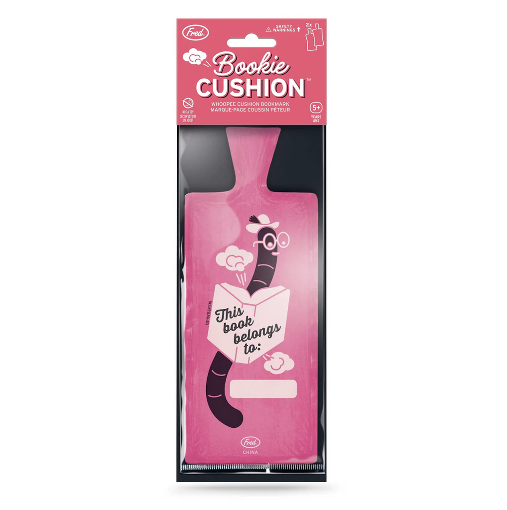 Set of 2 Bookie Cushion whoopee cushion bookmarks packaged in a clear bag with pink header card that reads "Bookie Cushion" 