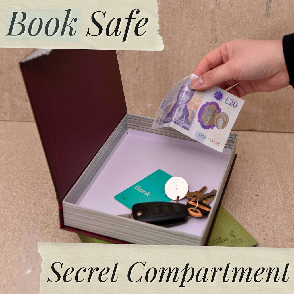 Book-shaped secret compartment safe with a hand placing money into it.