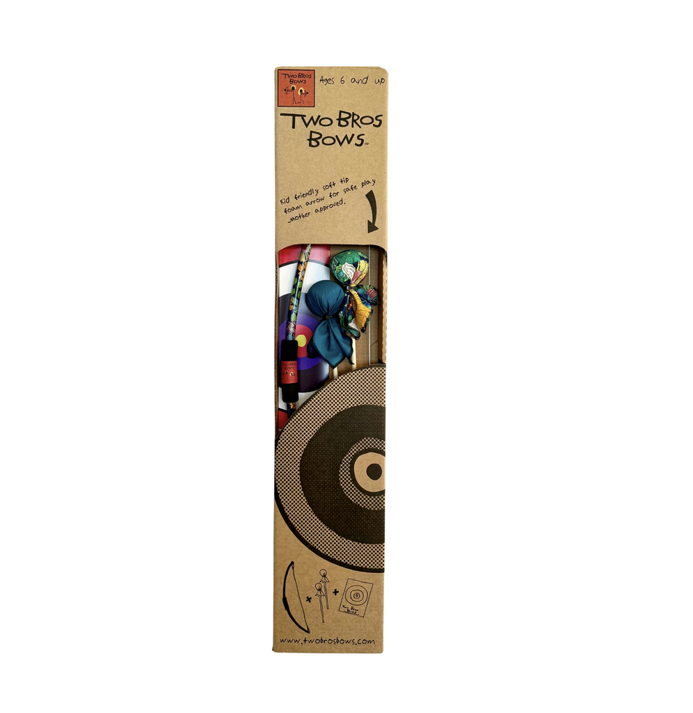The Two Bros. Bows Botanical Bow and Arrows Box Set packaged in a plain brown rectangular box with an opening to show the Botanical print on the bow and included arrows. 
