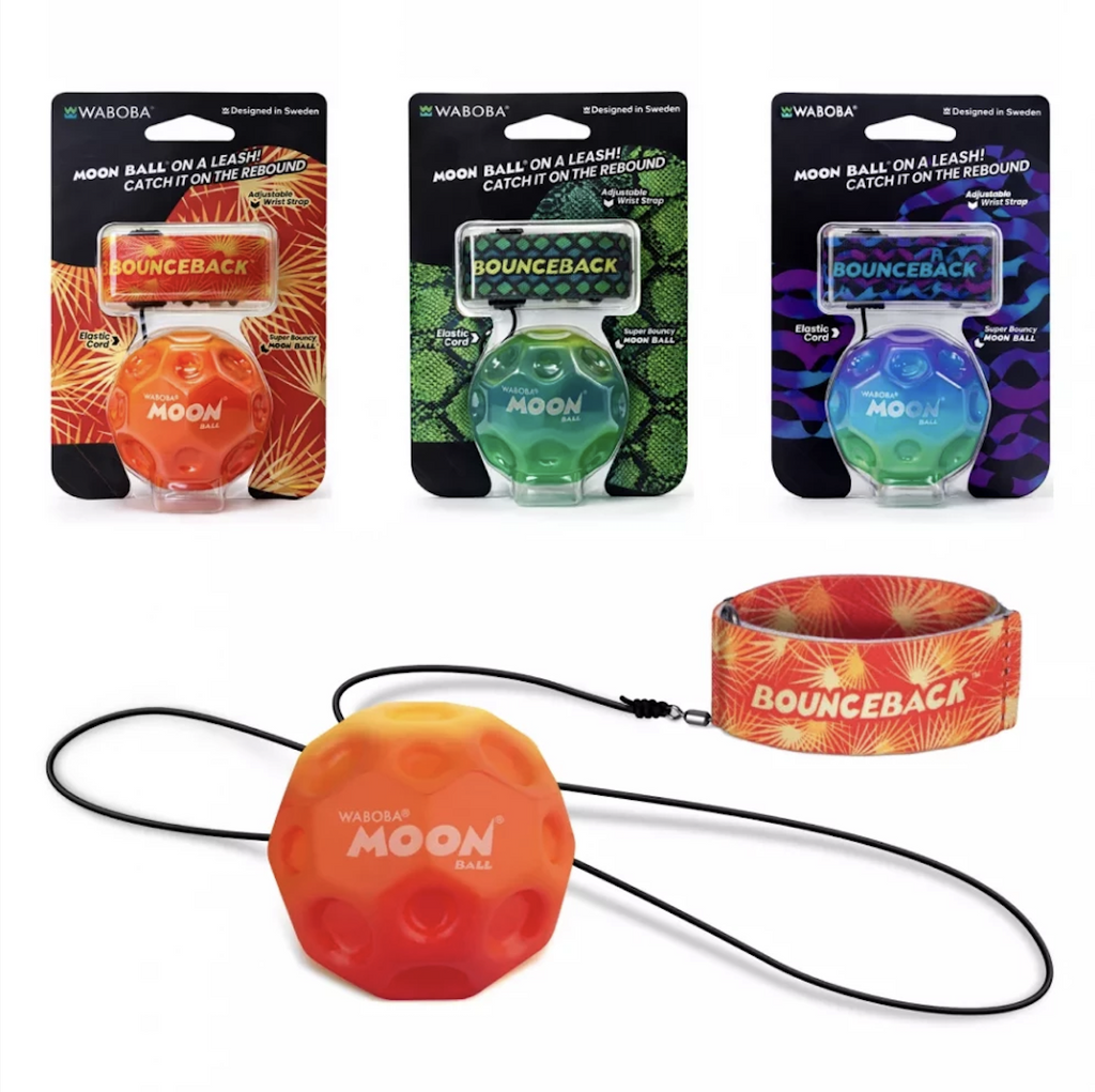 Three color choices of the Bounceback Moon Ball Gradient collection with an orange and yellow colorway, shades of green colorway, and a purple, blue and green colorway. 