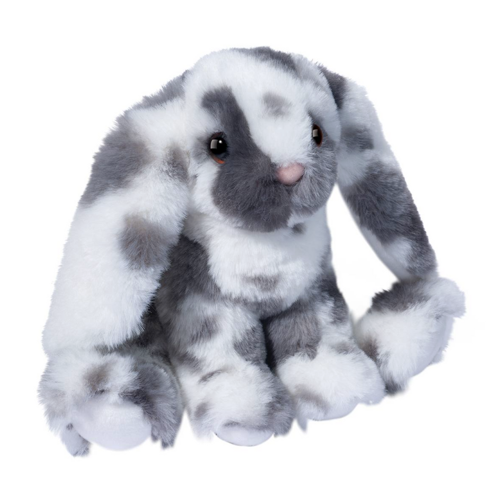 Dark grey and white spotted plush bunny stuffed animal.