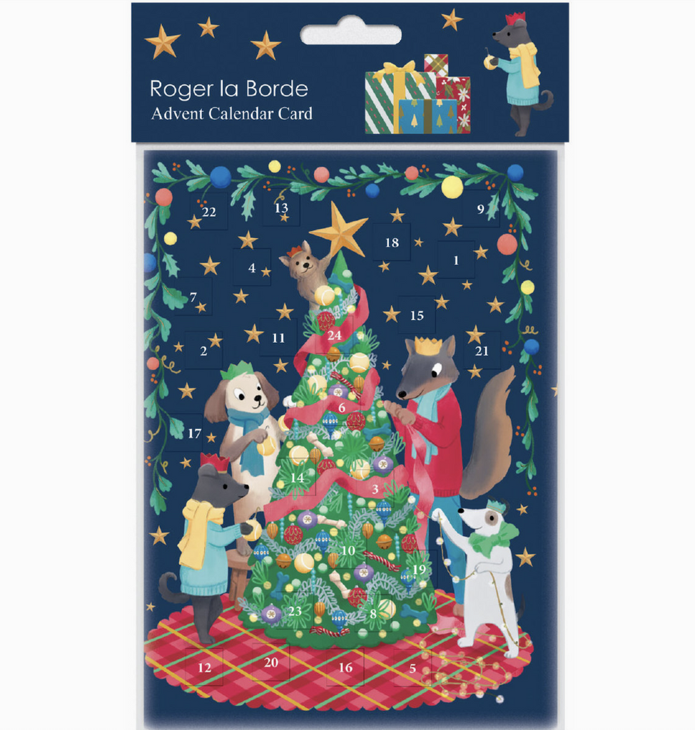 Bow Wow Wow Advent Calendar card with doggies decorating a beautiful Christmas tree. 