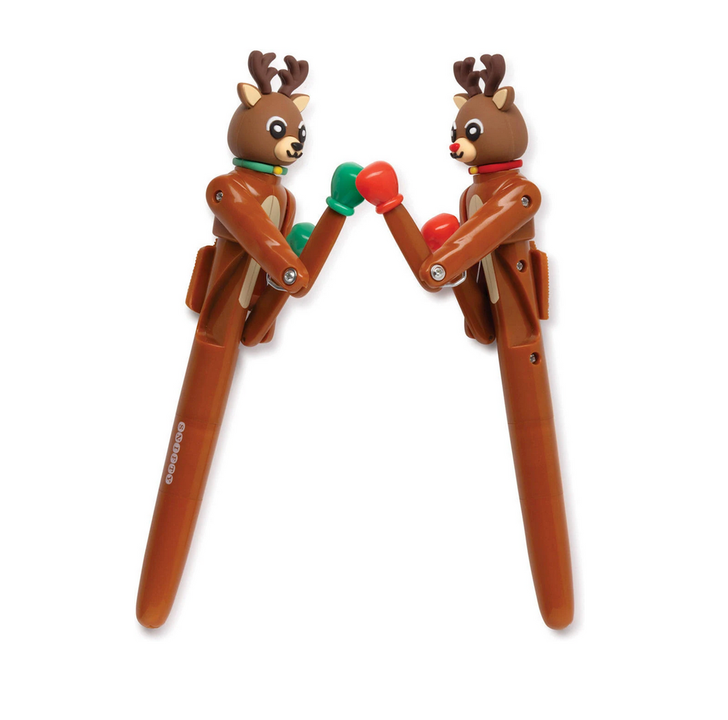 Two pens with reindeer wearing boxing gloves and facing off on a white background. 
