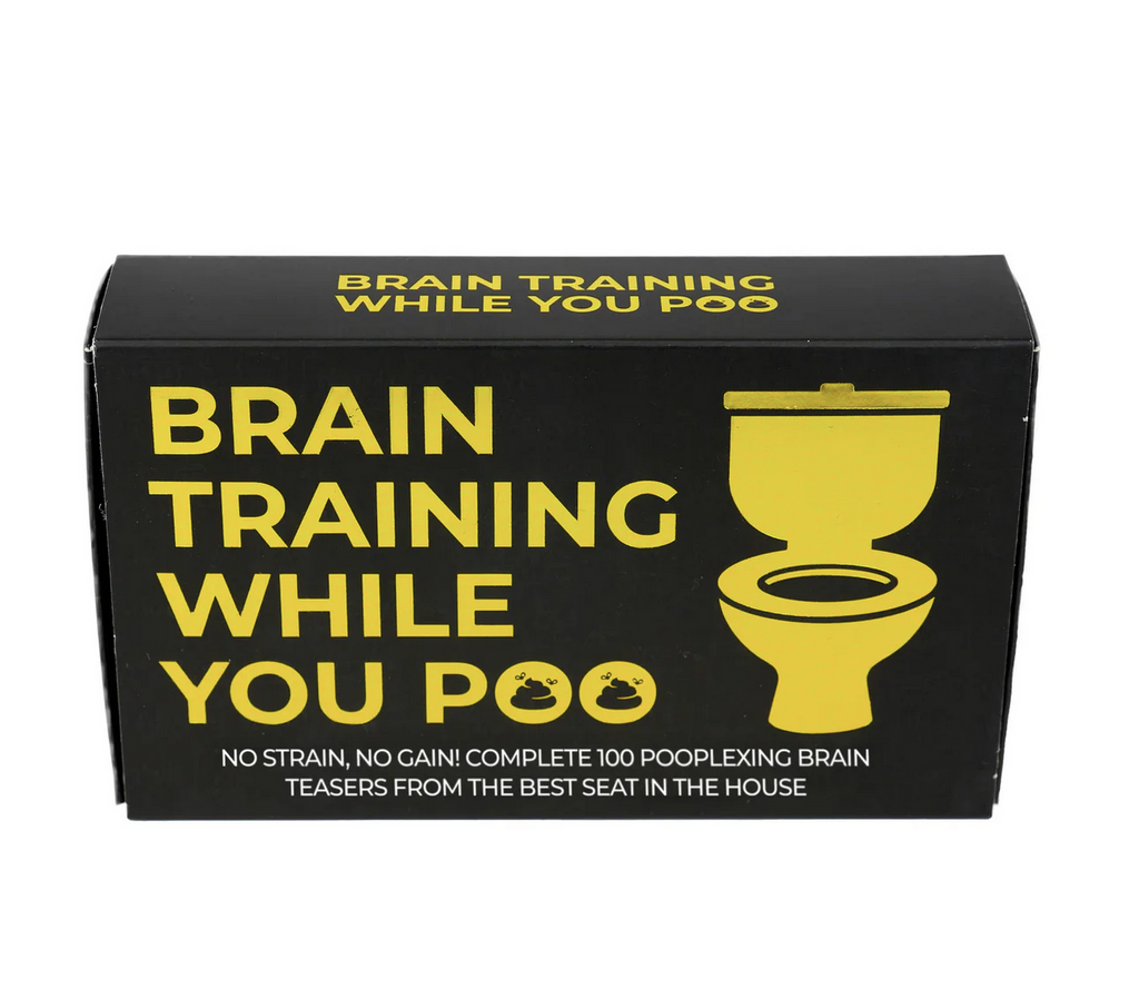 Black box with gold foil lettering foer "Brain Training While You Poo"