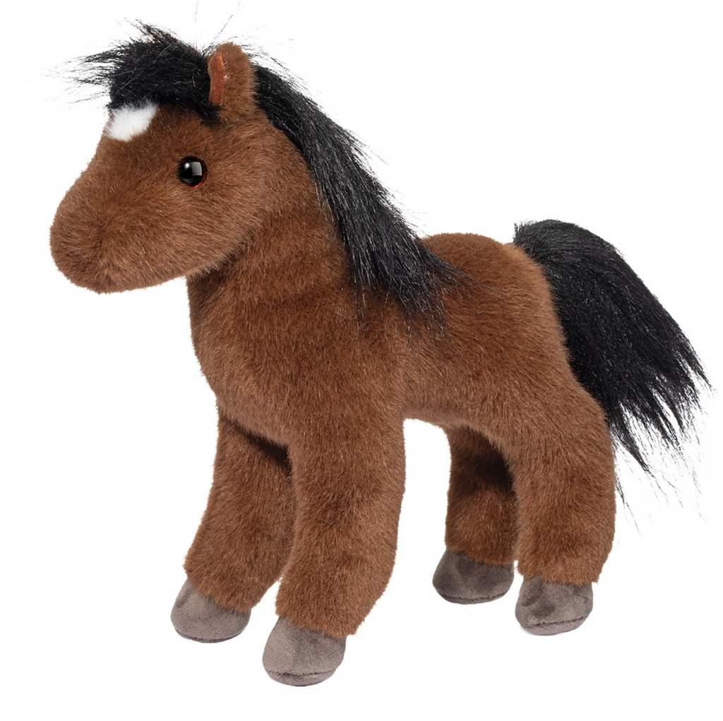 A cute plush horse with a rich brown coat, flowing black mane and tail and a sweet little patch of white at the bridge of his nose. 