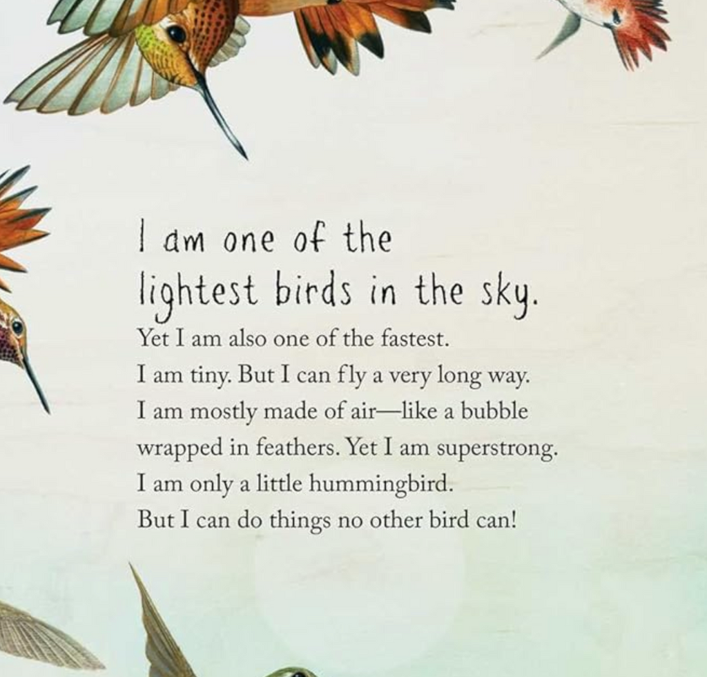 Interior page from Brave Baby Hummingbird with illustrated hummingbirds bordering the text on the page.