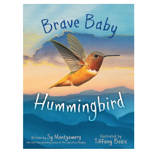 Cover of Brave Baby Hummingbird with illustration of a golden colored hummingbird flying through a beautiful blue sky.
