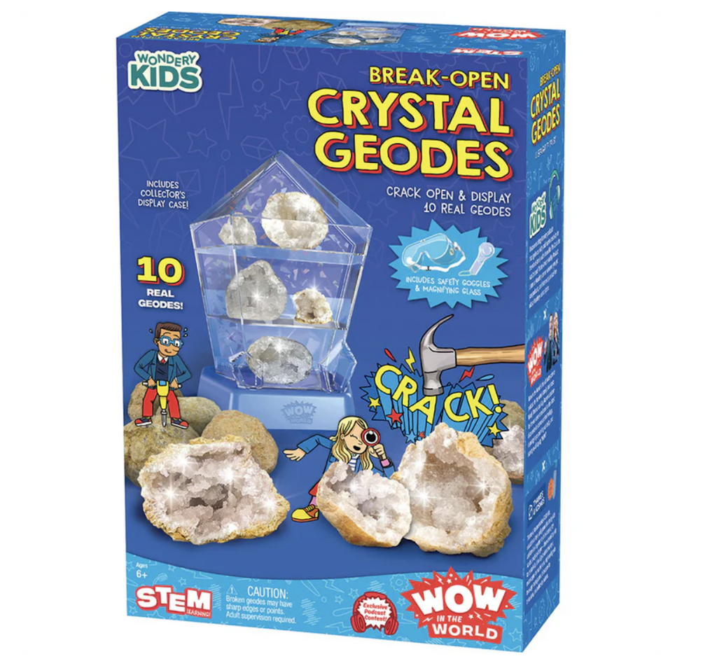 Bright blue box with pictures of geodes broken open to show the crystals inside as well as a gem collection displayed in the included cabinet. 