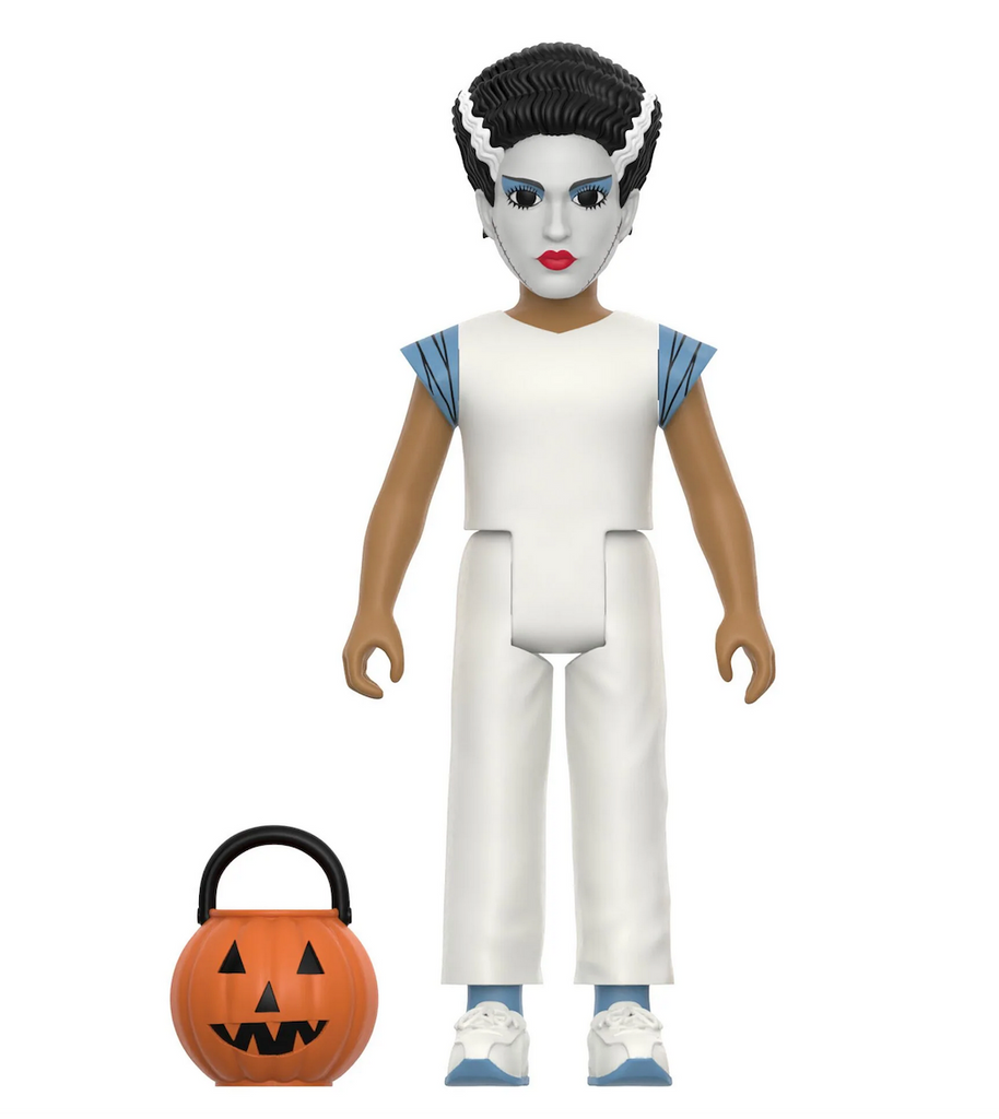 Close up picture of the Bride of Frankenstein Halloween Kids figure with the jack o lantern treat bucket accessory. 