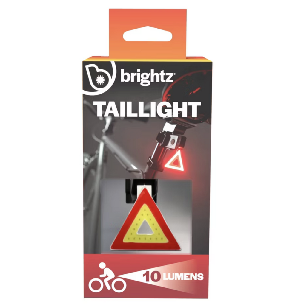 Brightz Triangle Taillight packaged in a box with a picture of the bicycle light attached to the back of a bike and lit up. The triangle shaped light with red and yellow coloring is also visible inside the box. 