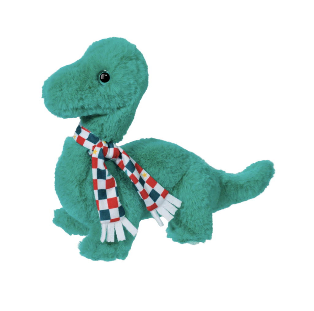 The cutest little green brontosaurus stuffed animal wearing a red, green and white checkered scarf. 