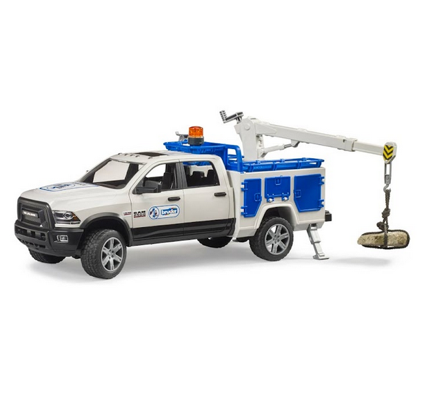 The Ram 2500 Service Truck equipped with a fully functional assembly crane, spring-loaded front and rear axles with 4 steel strings, and rotating beacon light.