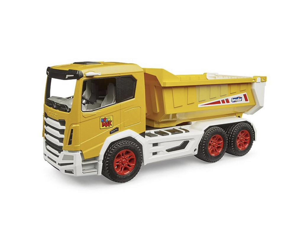 Toy tipper truck with bright yellow cab and tipper bed with white chasis and red wheels. 