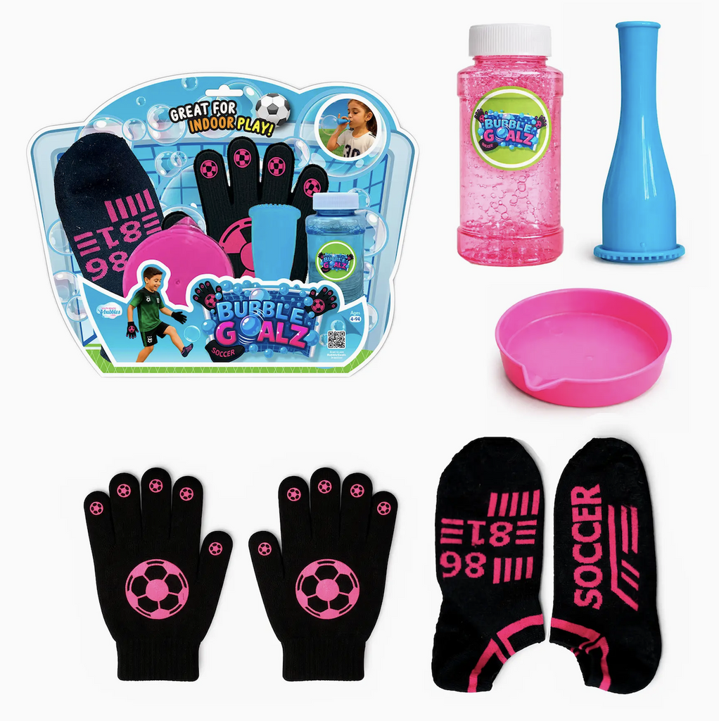 Bubble Goalz set showing all the pieces included, the  special bubble formula, bubble blower, and the amazing gloves and socks that allow you to play with the bubbles. 