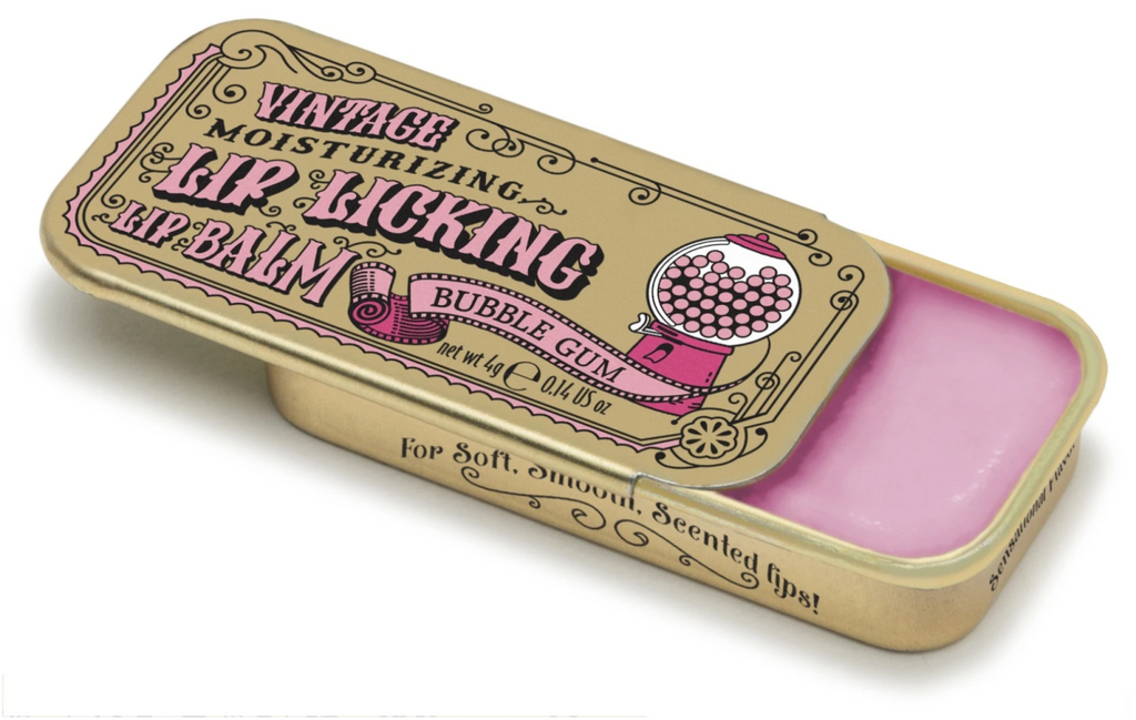Bubble Gum flavored Lip Licking Lip Balm in a retro metal slider tin.