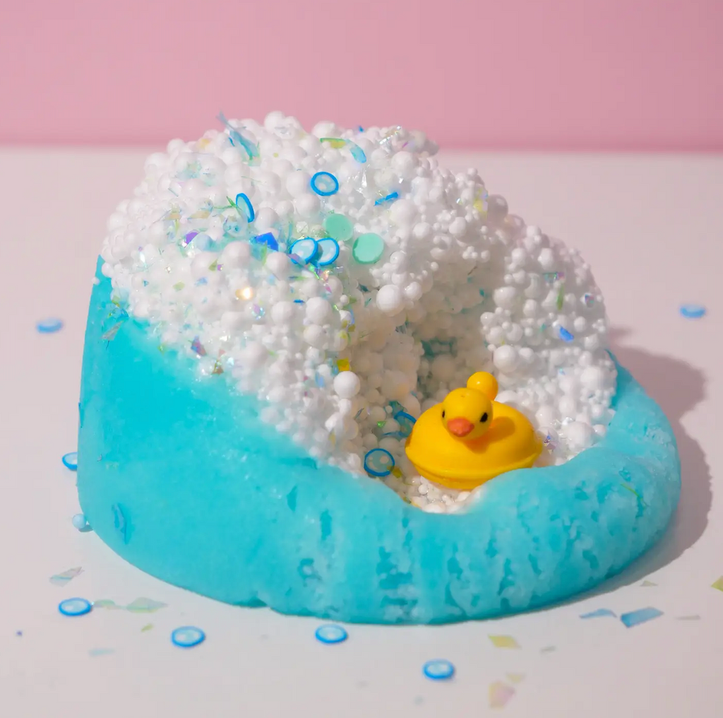 Bubbles the Ducky blue slime with white floam kneaded to show the texture. (Not food)