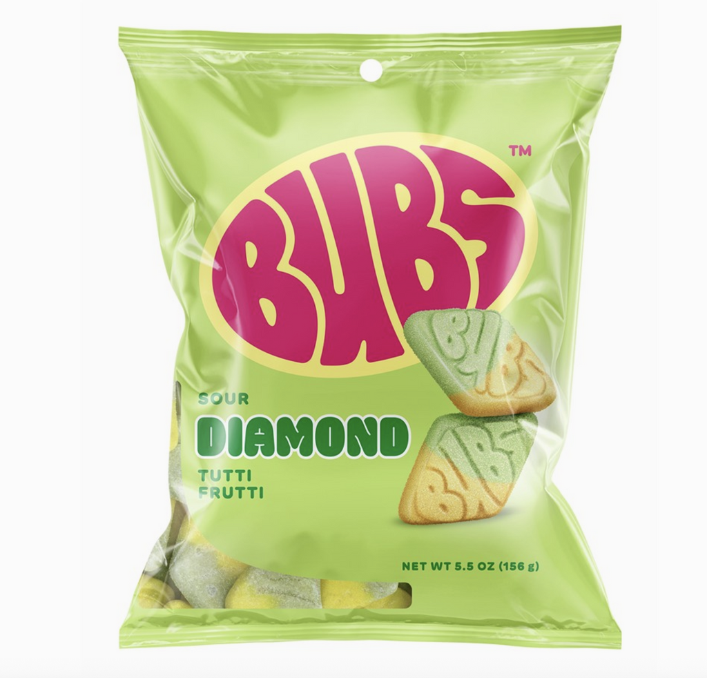 A bag of Bubs Sour Diamond candy in Tutti Frutti flavor. 