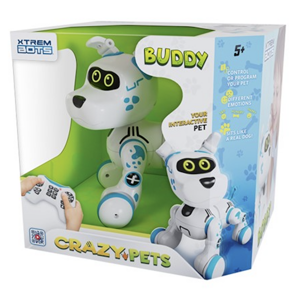 Buddy Bot in it's box that has a clear windpw to show the robotic dog and his controller. 