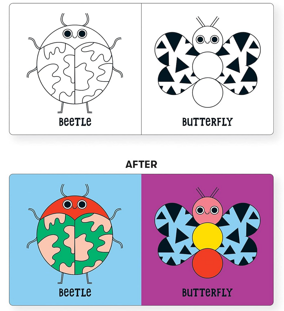 Before and after pictures of internal pages from Bug Out Magic Bath Book with beetle and butterfly that are black and white when dry and full of color once wet in the bath. 
