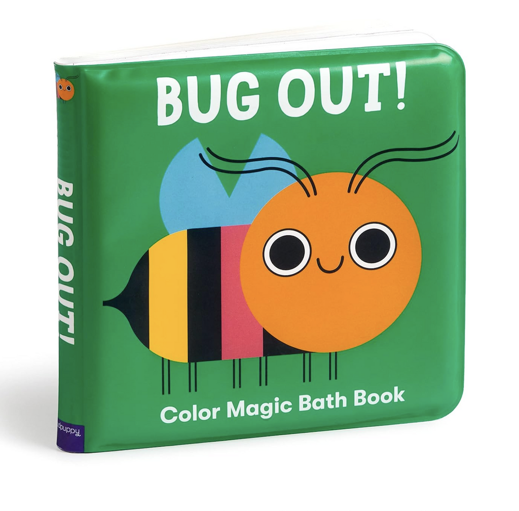 Bug Out Magic Bath Book cover with bright green background and a colorfully illustrated insect. 
