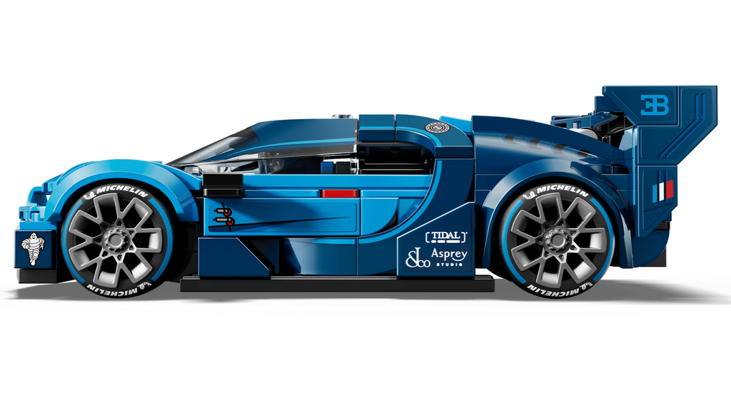 Blue, Bugatti Vision GTH Hyper Sports Car model built with LEGO bricks, pictured from the side. 