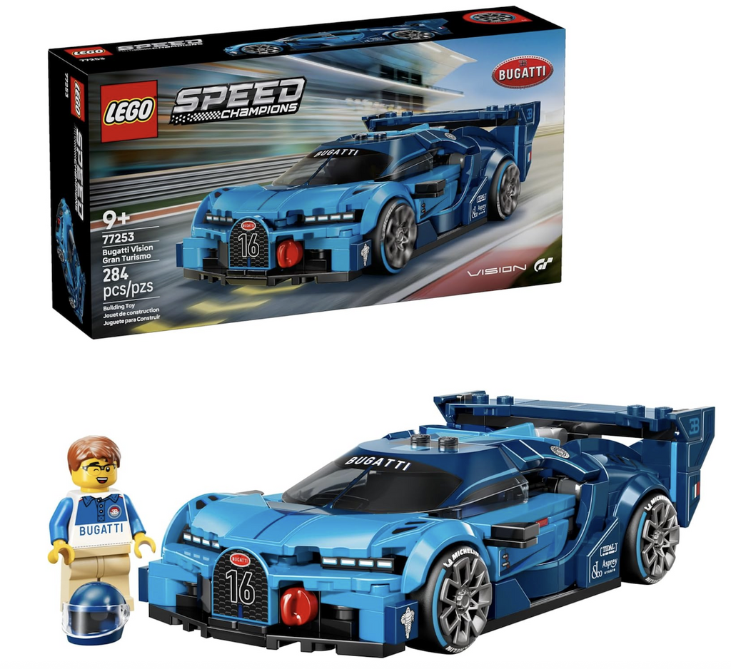 LEGO Speed Champions Bugatti Vision Gran Turismo model car set up in the foreground with the minifigure of the driver standing beside it. The LEGO box is pictured in the background. 