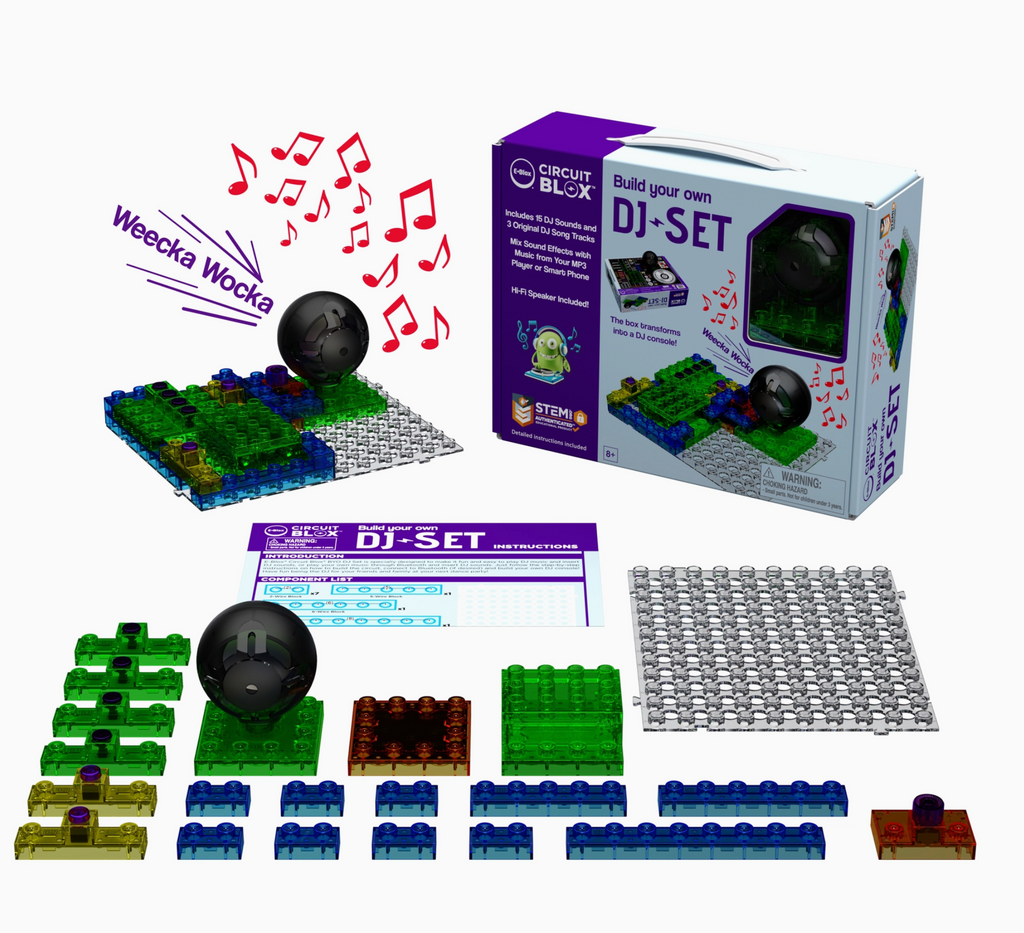 Box and included components of the Build Your Own DJ Set Circuit Blox kit.