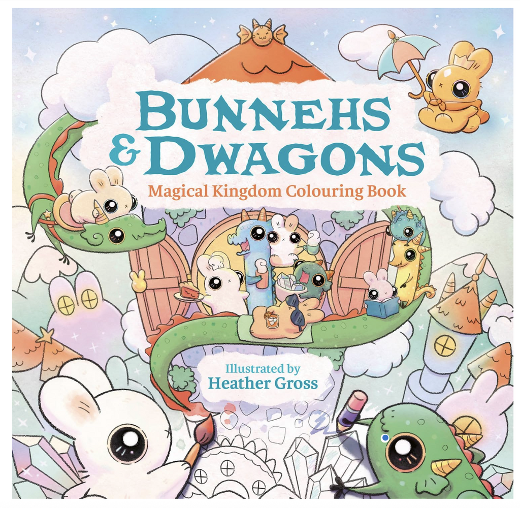 Illustrated cover of the Bunnehs & Dwagons Coloring Book with so many cute bunnies and dragons doing cute things all over the cover. 