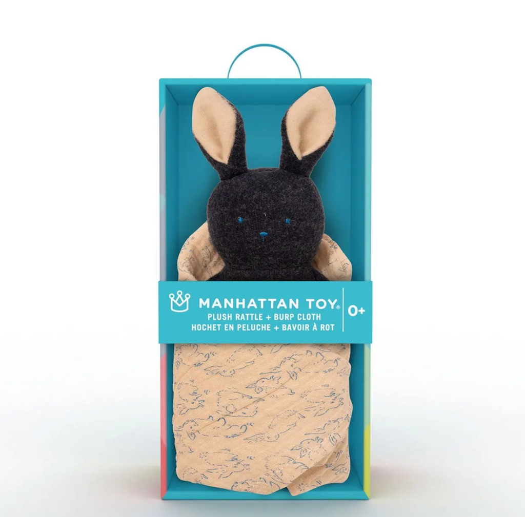 Bunny Rattle & Burp Cloth packaged in a blue gift box perfect for giving!