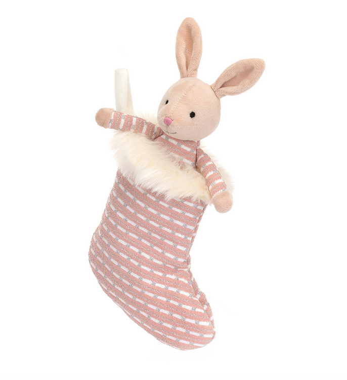 Light pink plush bunny wearing a white and pink striped shirt in a white and pink plush stocking.