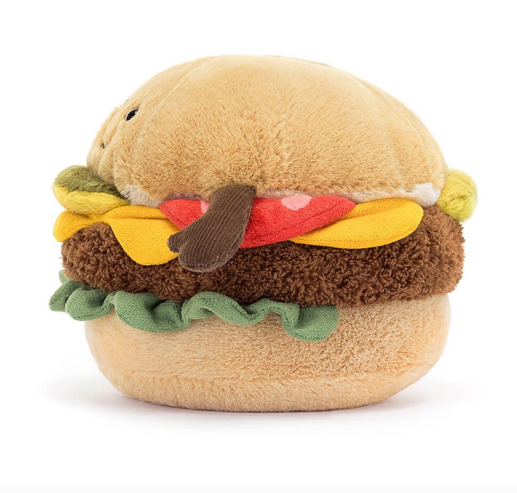 Left side view of the plush burger with all the fixins'.