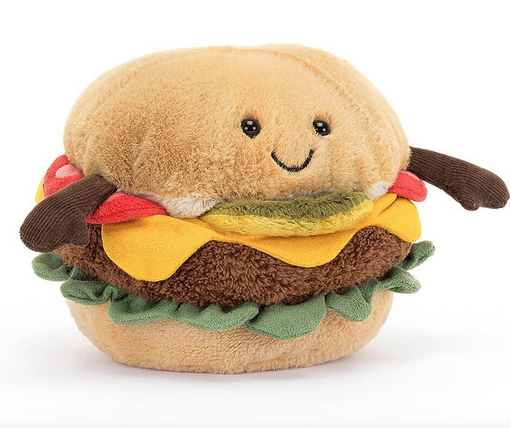 Plush Amuseable Burger with lettuce, tomato, cheese and pickles on a bun.