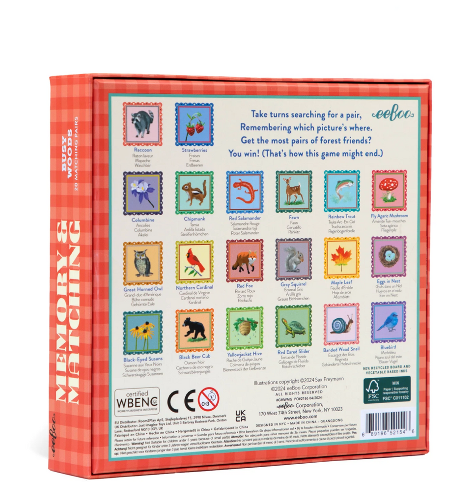 Back of Busy Woods Matching and Memory game box features the different animals and plants on the game tiles, like a cardinal, chipmunk, snail, mushroom, black-eyed susan, and more.
