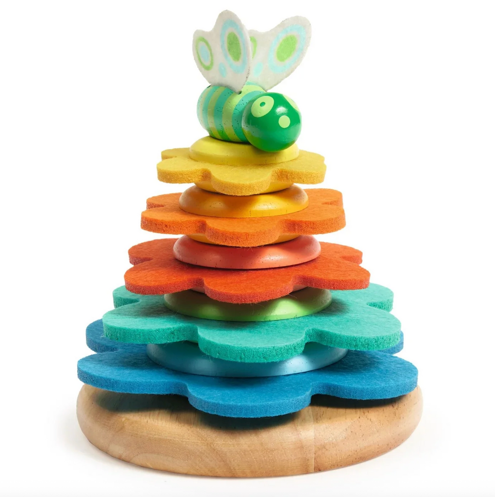 Colorful wooden stacking toy with a caterpillar on top of a stack of felt and wood flower pieces. 