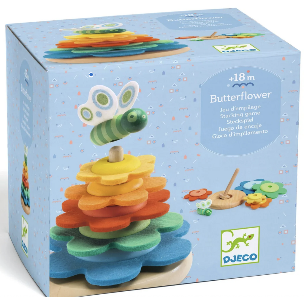 Butterflower Wooden Stacking Puzzle box featuring pictures of the stacker with all the pieces in place as well a picture of the individual felt flowers off of the peg. 
