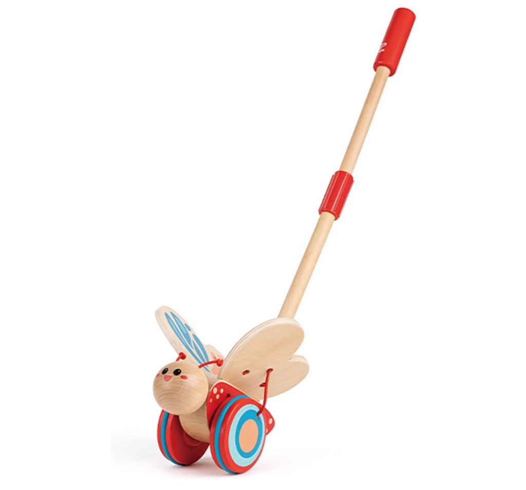 Colorful, wooden toy butterfly with a red handle. 