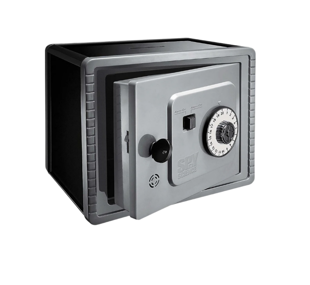 Silver and black Buzz Alarm Money Safe features an alarm on/off switch, combination dial, and a key to open.
