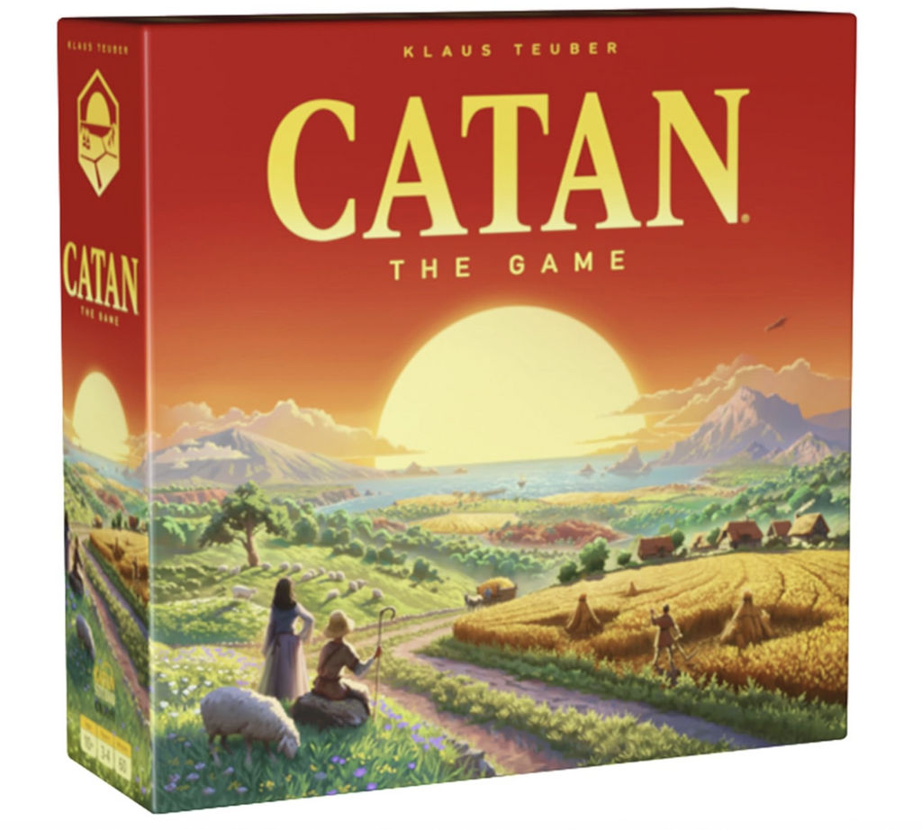 Front cover of Catan The Game with a serene scene of a green valley with fields of grain growing with the sun setting in the distance. 