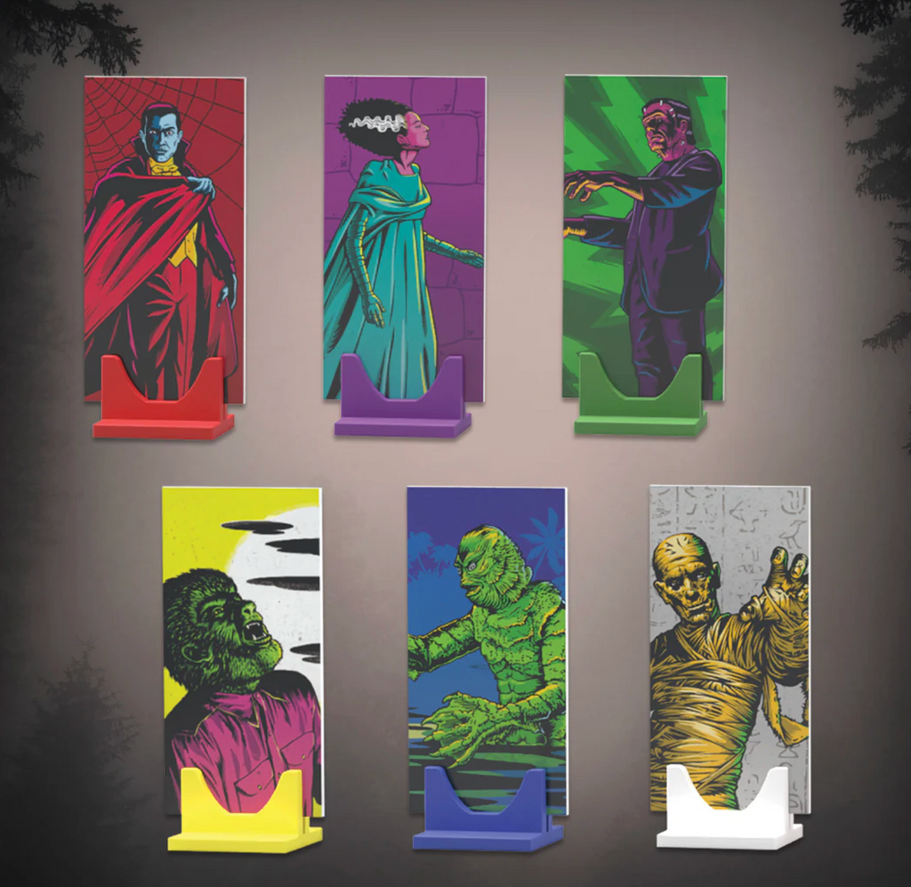 Highly stylized illustrated game piece panels of the Universal Monsters form the Clue Universal Monsters game. 