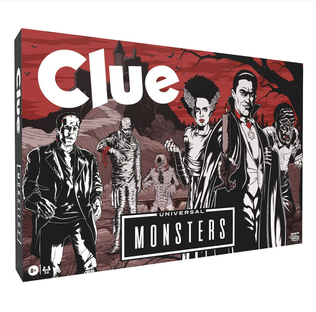 Clue Universal Monsters Edition board game packaged in an illustrated box featuring all the classic movie monsters in black and grey with a red background. 
