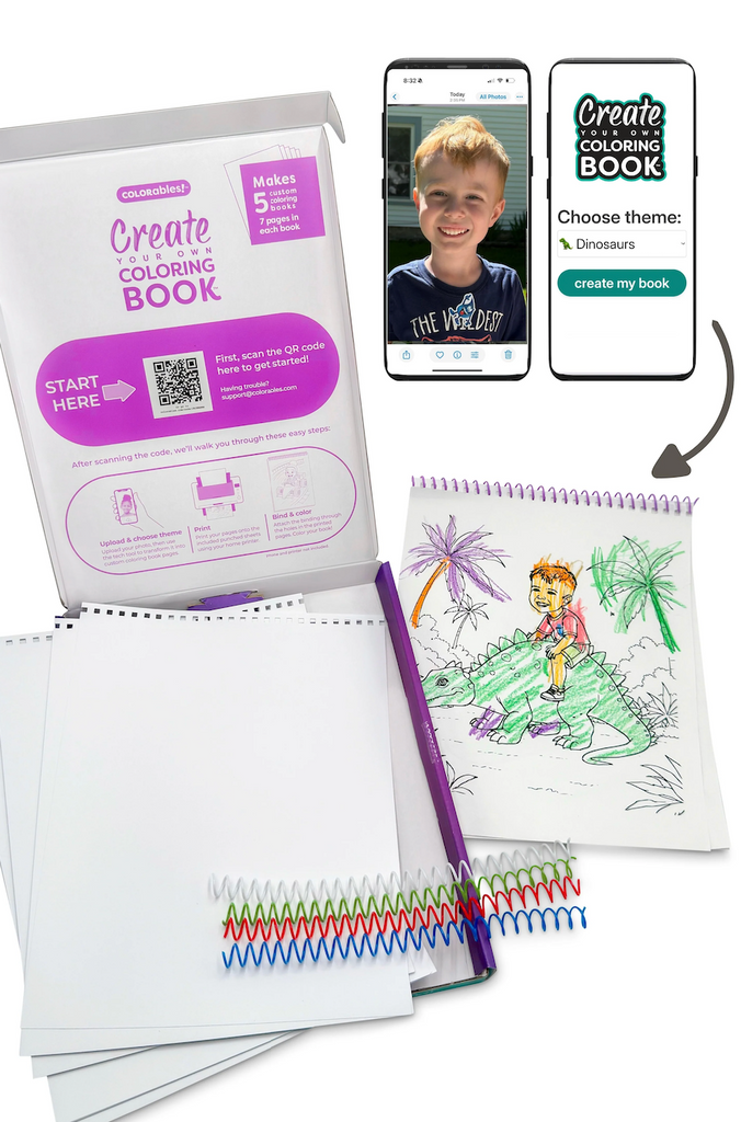 Printable coloring book set with coloring pages, spiral wire, and digital  interface to upload your photos that will create your custom coloring book. 