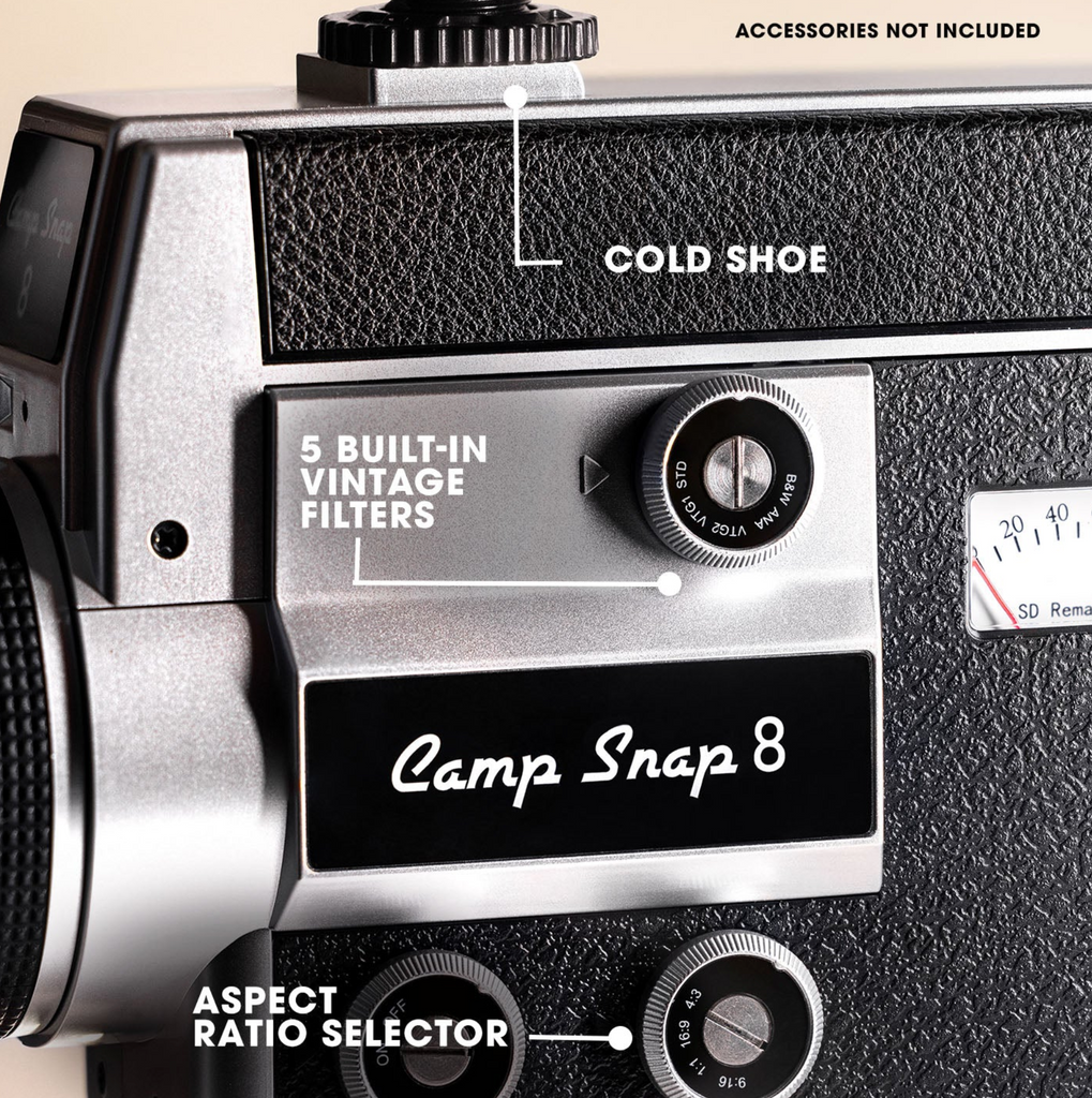 Vintage-style camera with 'Camp Snap 8' branding and various controls on a beige background.