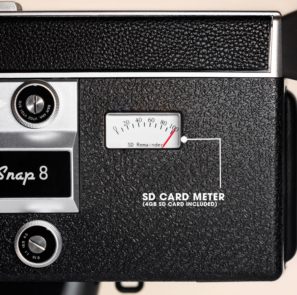 Video camera with SD card meter and 'Snap 8' branding