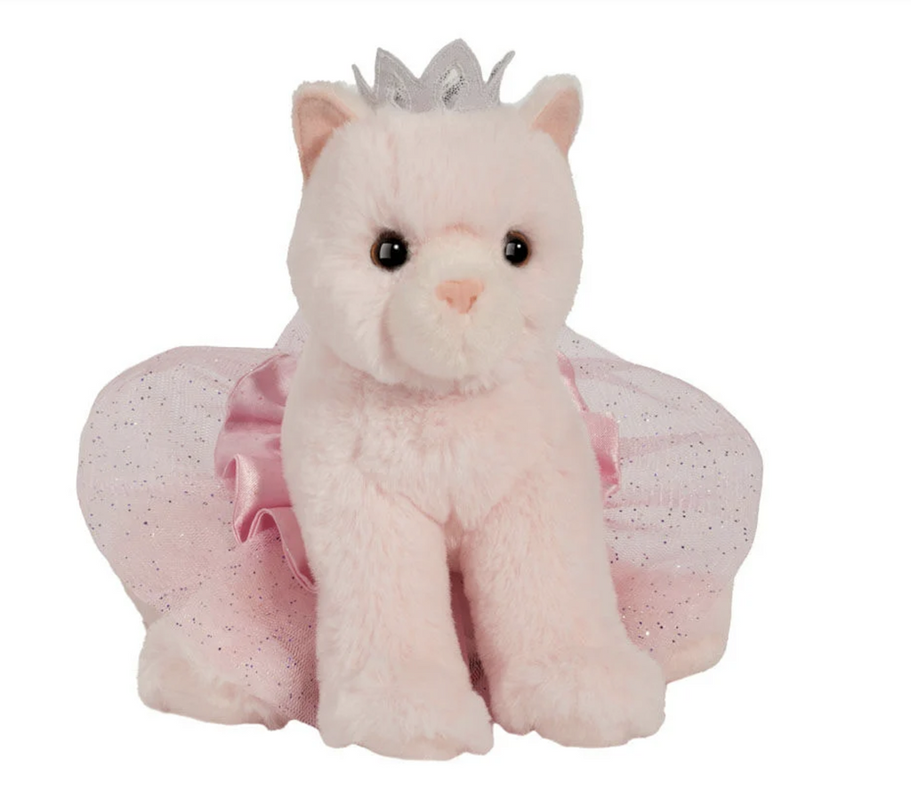 Pink princess kitty cat stuffed animal with a shiny tiara and sparkly tutu. 