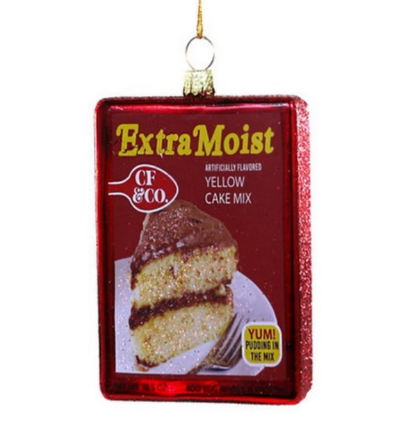 Close up of Yellow Cake Mix ornament. 