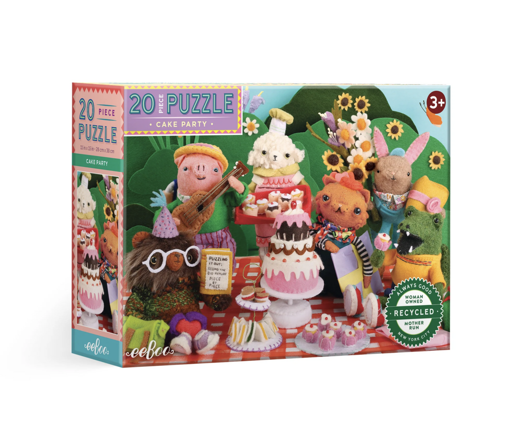 Cake Party 20 piece puzzle features the hand stitched dolls by artist cat Rabbit sitting on a picnic blanket having a birthday party in 
a park.