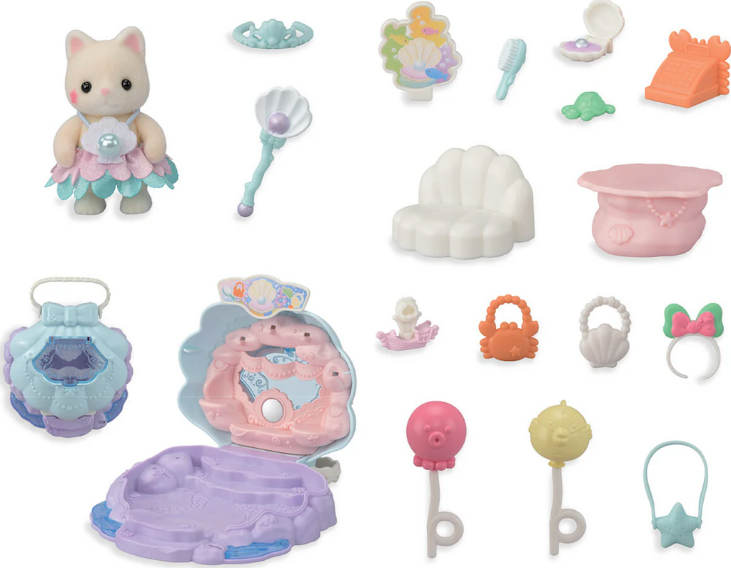 The Calico Critter, shell shaped shop and all the accessories included in the Baby Mermaid Shop. 