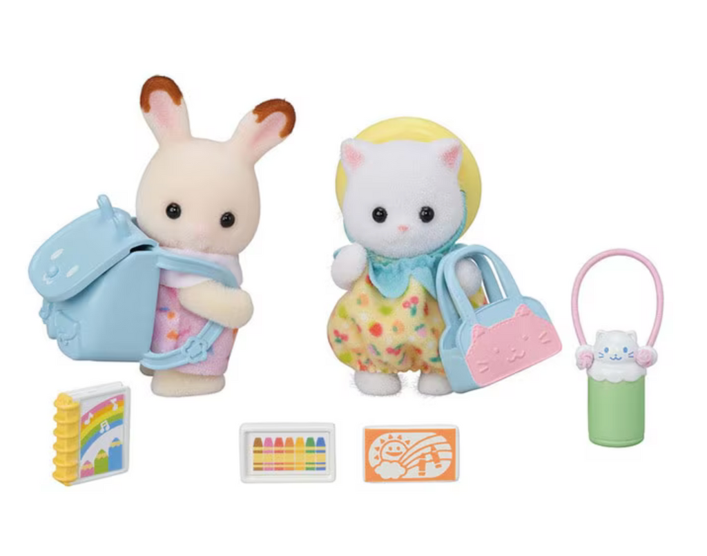 Calico Critters baby bunny and cat with  rucksack, tote bag, water bottle, hat, crayons and sketchbook 