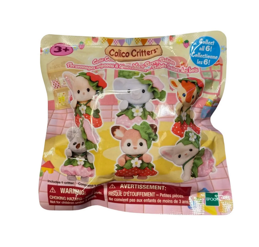 Calico Critters Very Berry Babies Blind Bag featuring pictures of each of the styles that are in the series on the front of the bag. 
