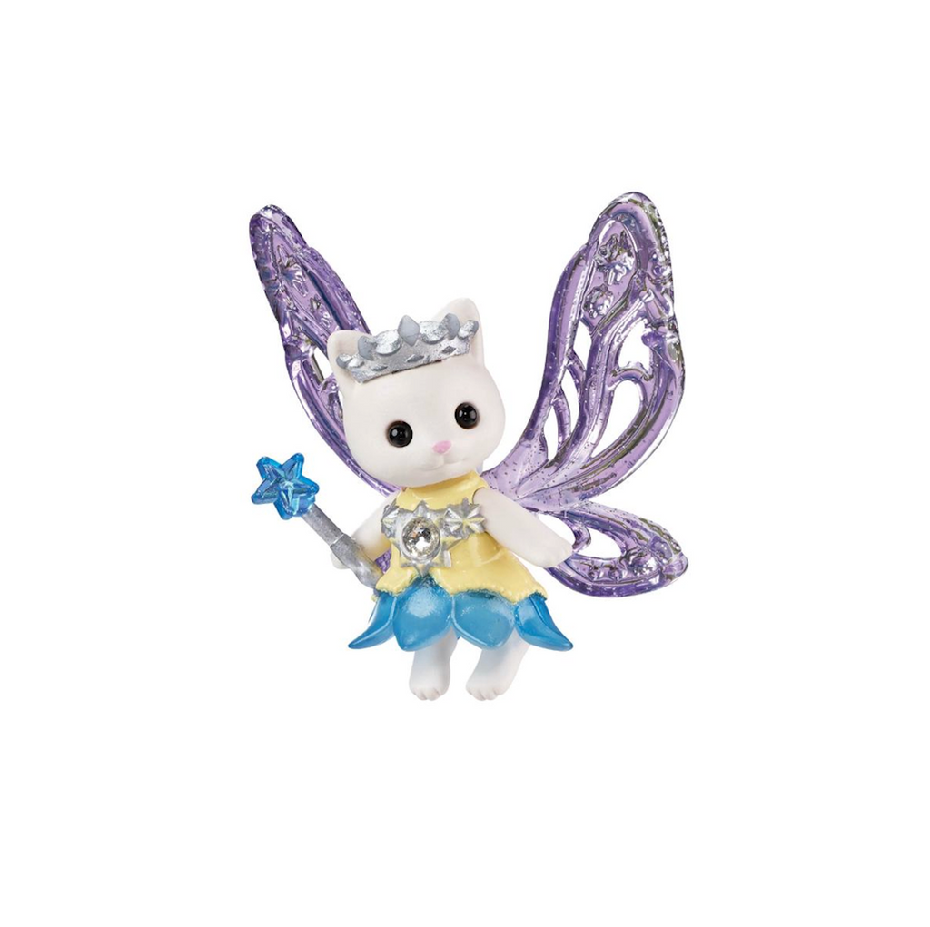 The Calico Critters Star Fairy figure with sparkly purple wings, a silver crown and a wand with a blue star at the top. 